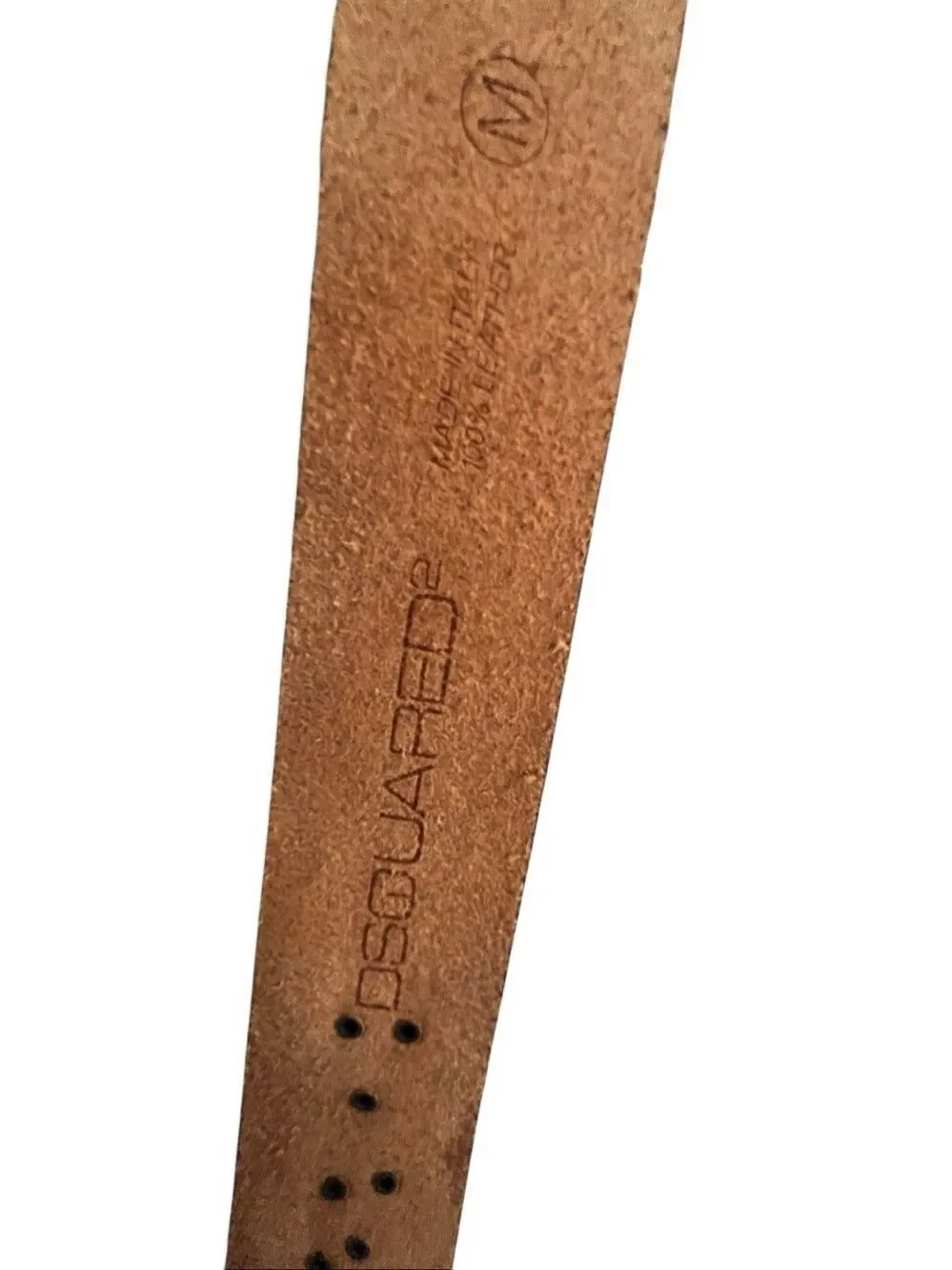 DSQUARED2 Brown Leather Belt Double Prong Studded Lettering Logo Brass Buckle M